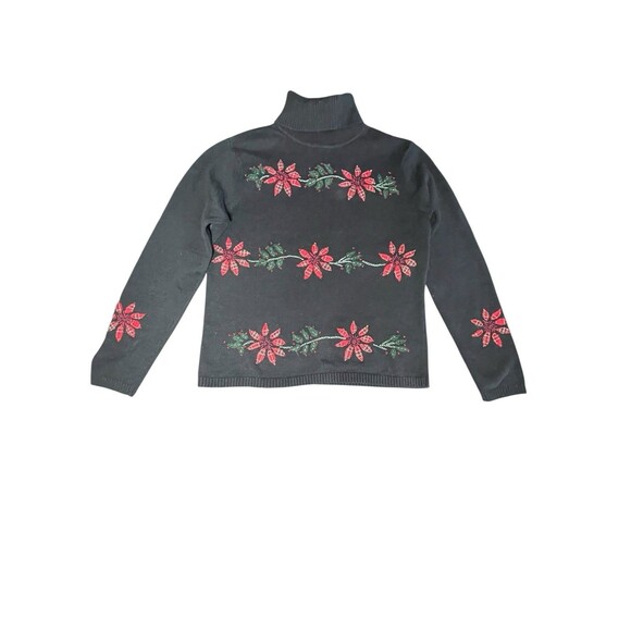 Vintage Talbots Christmas Sweater Black Poinsettia Plaid Pullover Cotton Small - Picture 1 of 8